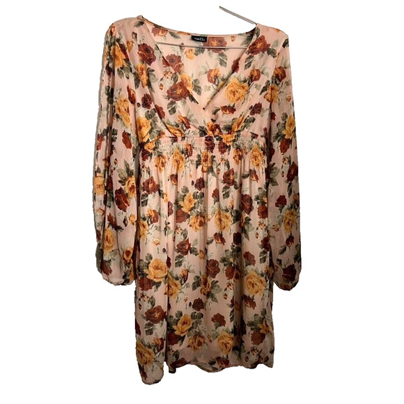 Rue21 Dress Womens Medium Yellow Cream Floral Long Sleeve Split Smock Waist - Picture 3 of 11